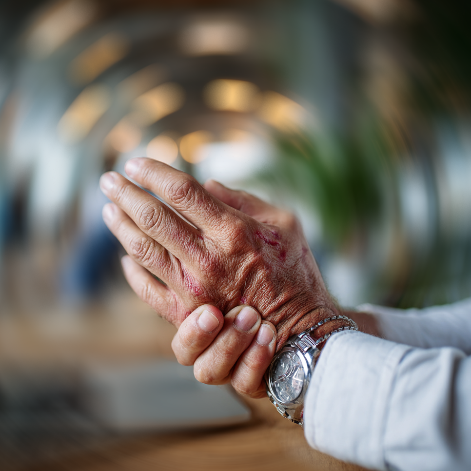 Man at desk with wrist pain.