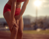 Woman running in red shorts with leg pain.