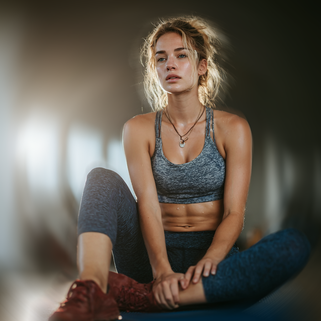 Woman sat down holding her ankle in pain.