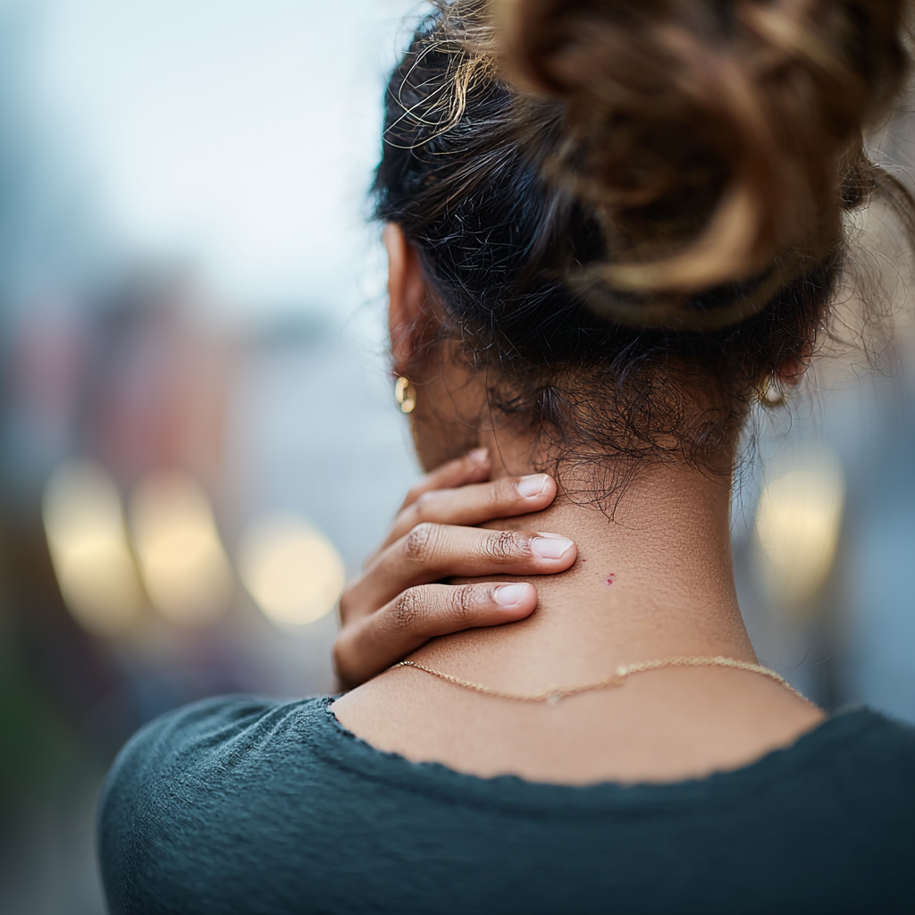 Woman holding her neck in pain.