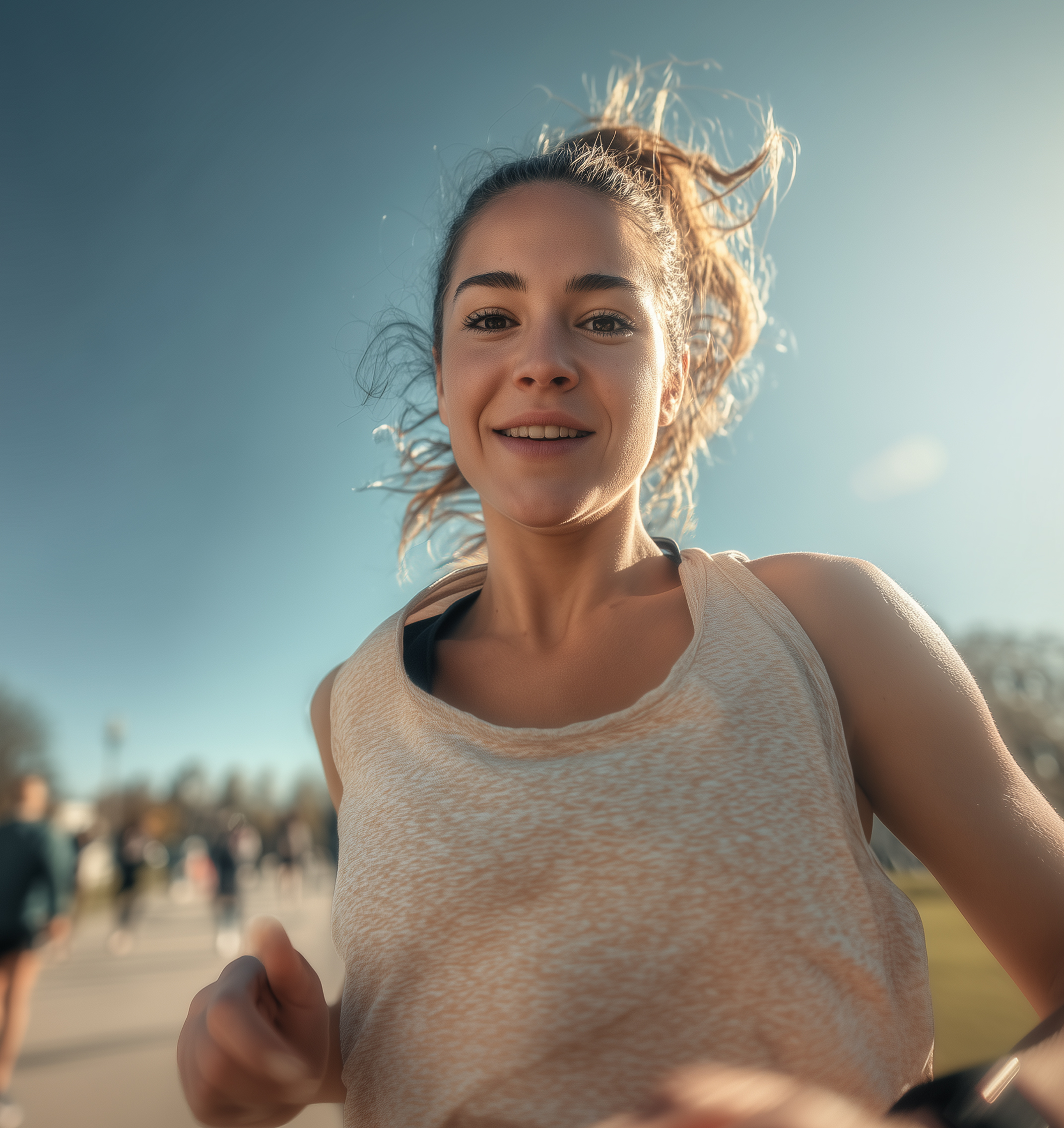 A happy woman running.