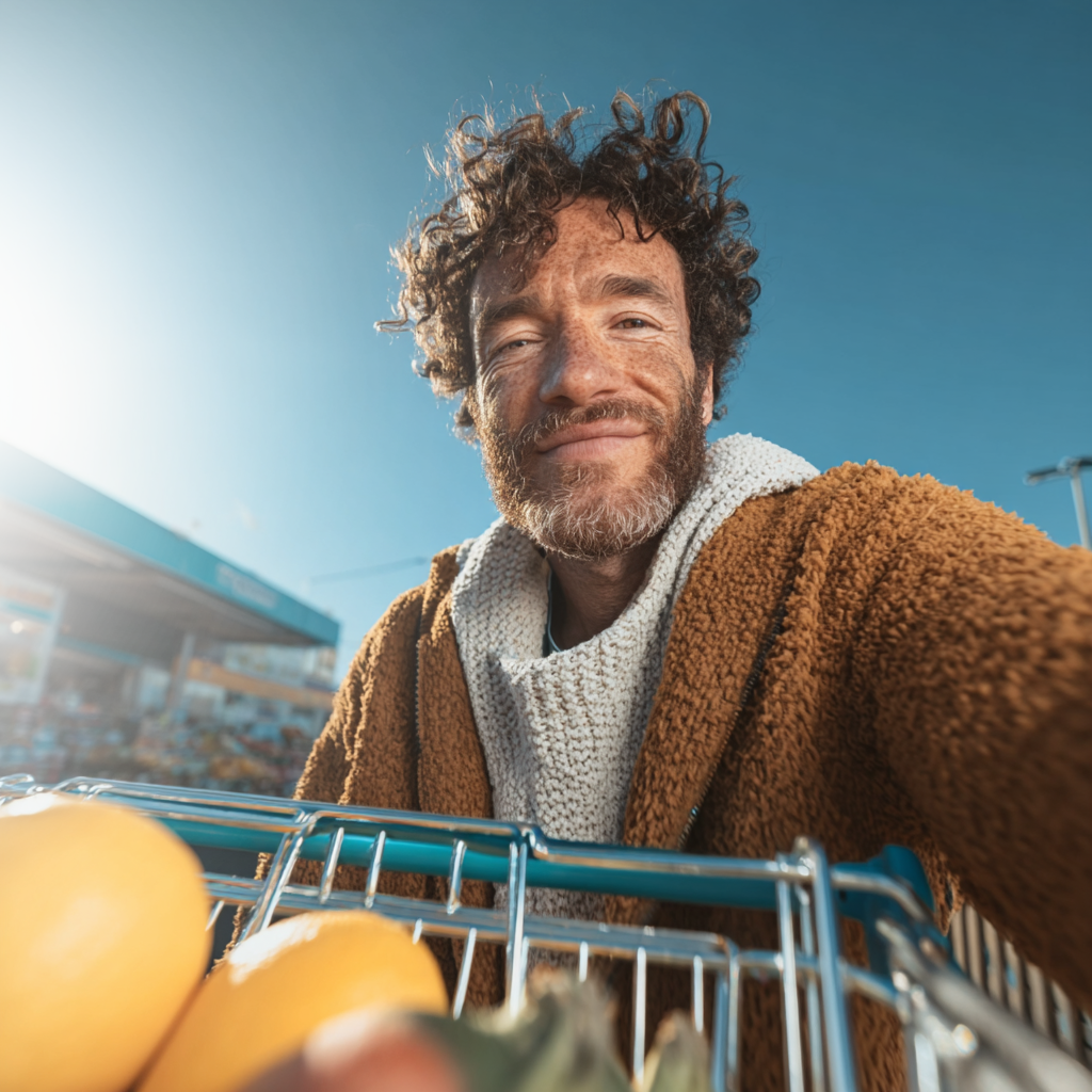 Man smiling while pushing shopping trolley.