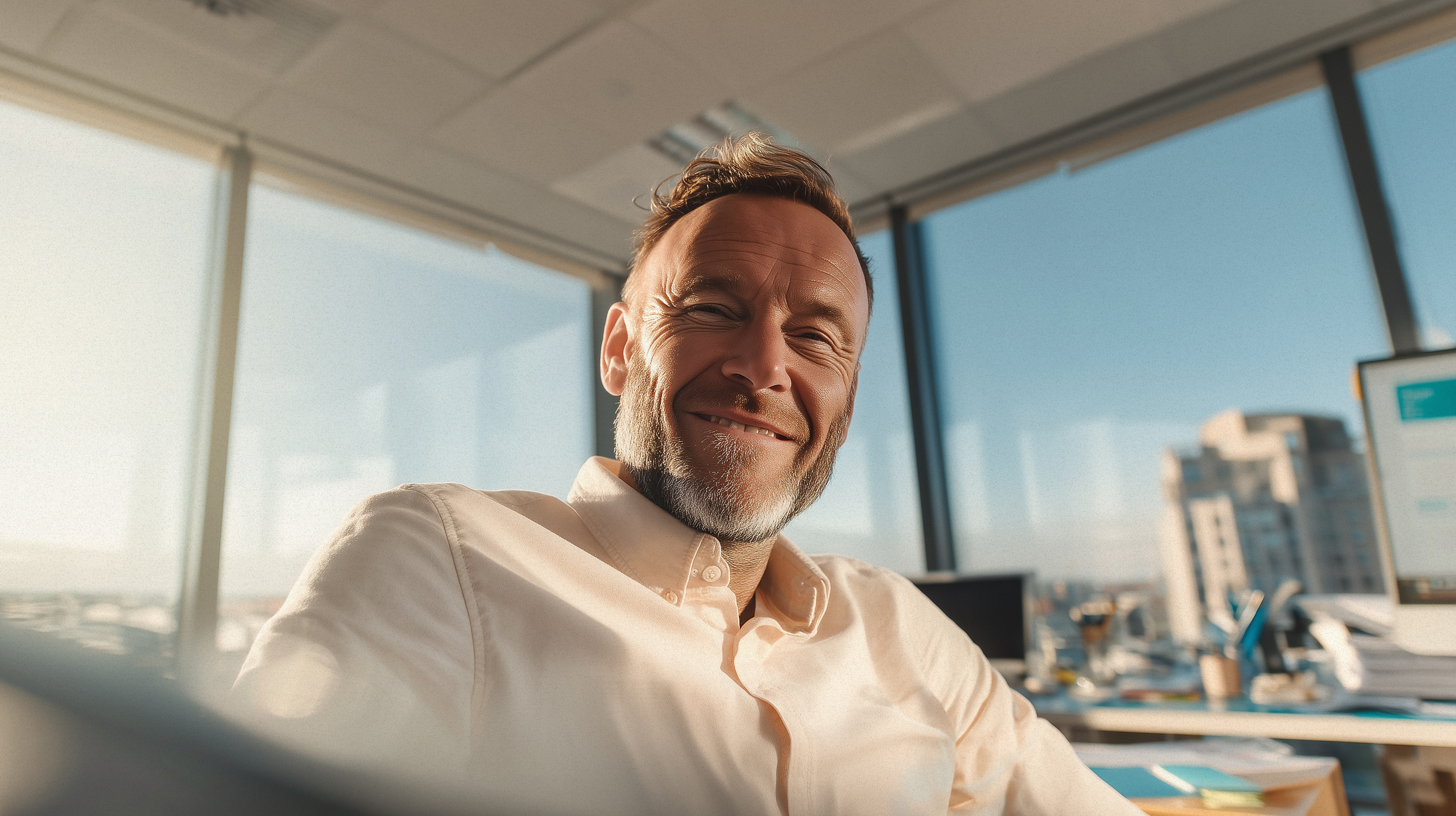 Man smiling at his desk.