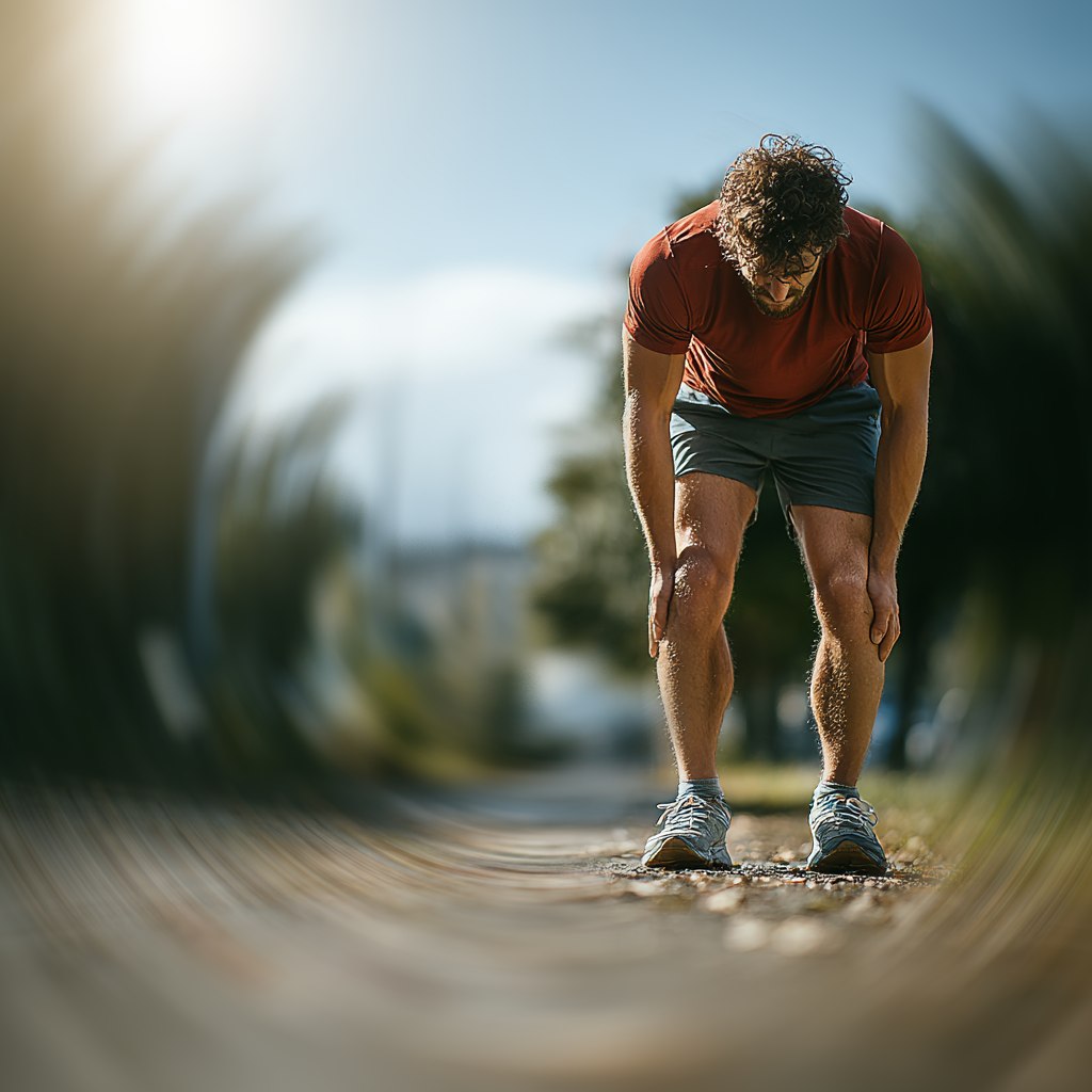 Man bending holding his legs in pain.