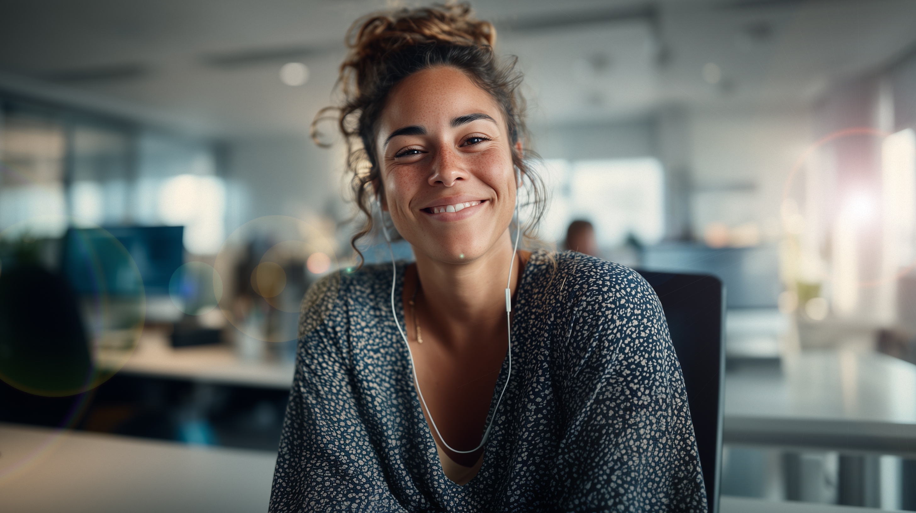 Woman smiling at her desk.