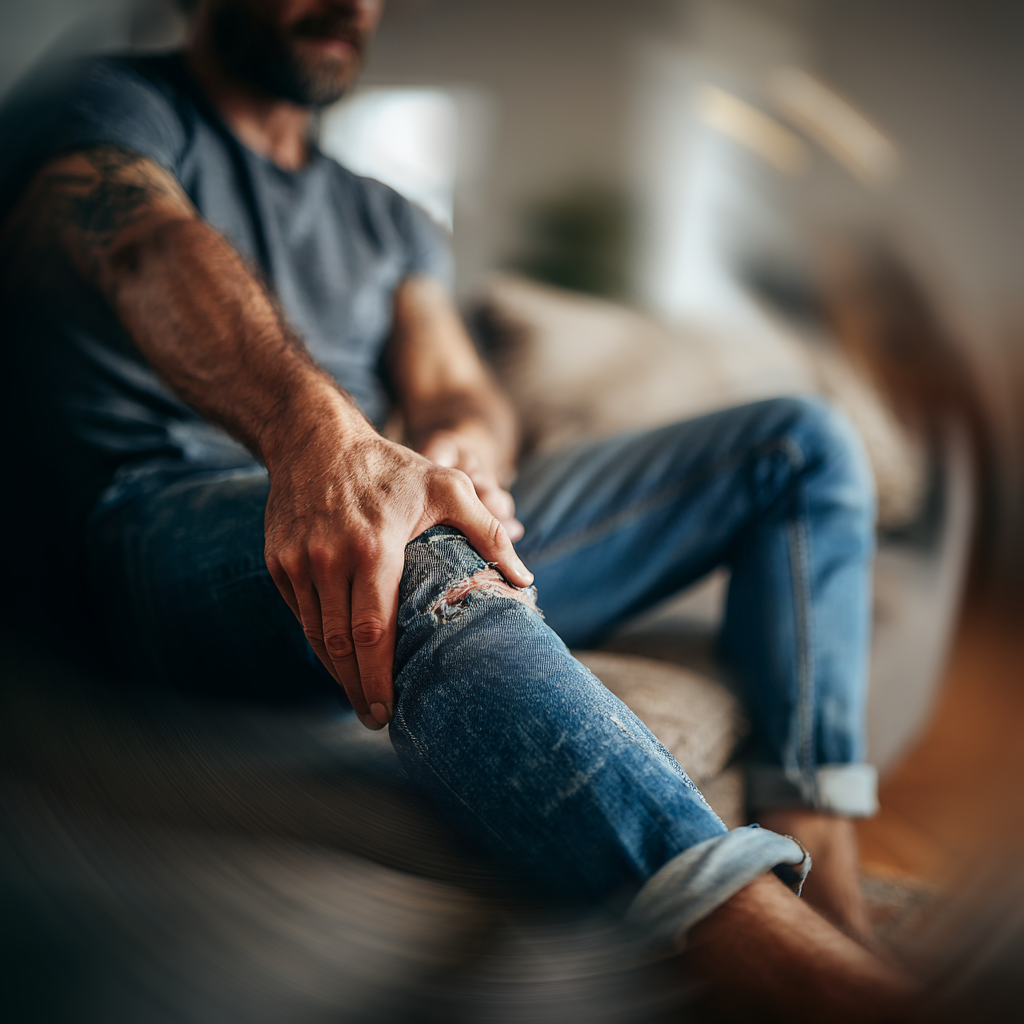 Man sat down holding leg in pain.