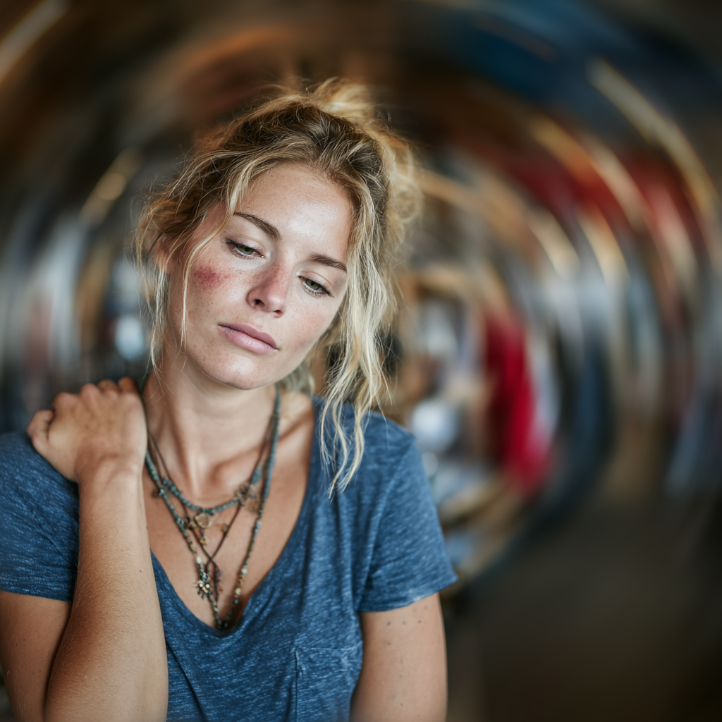 Woman looking down holding her shoulder in pain.