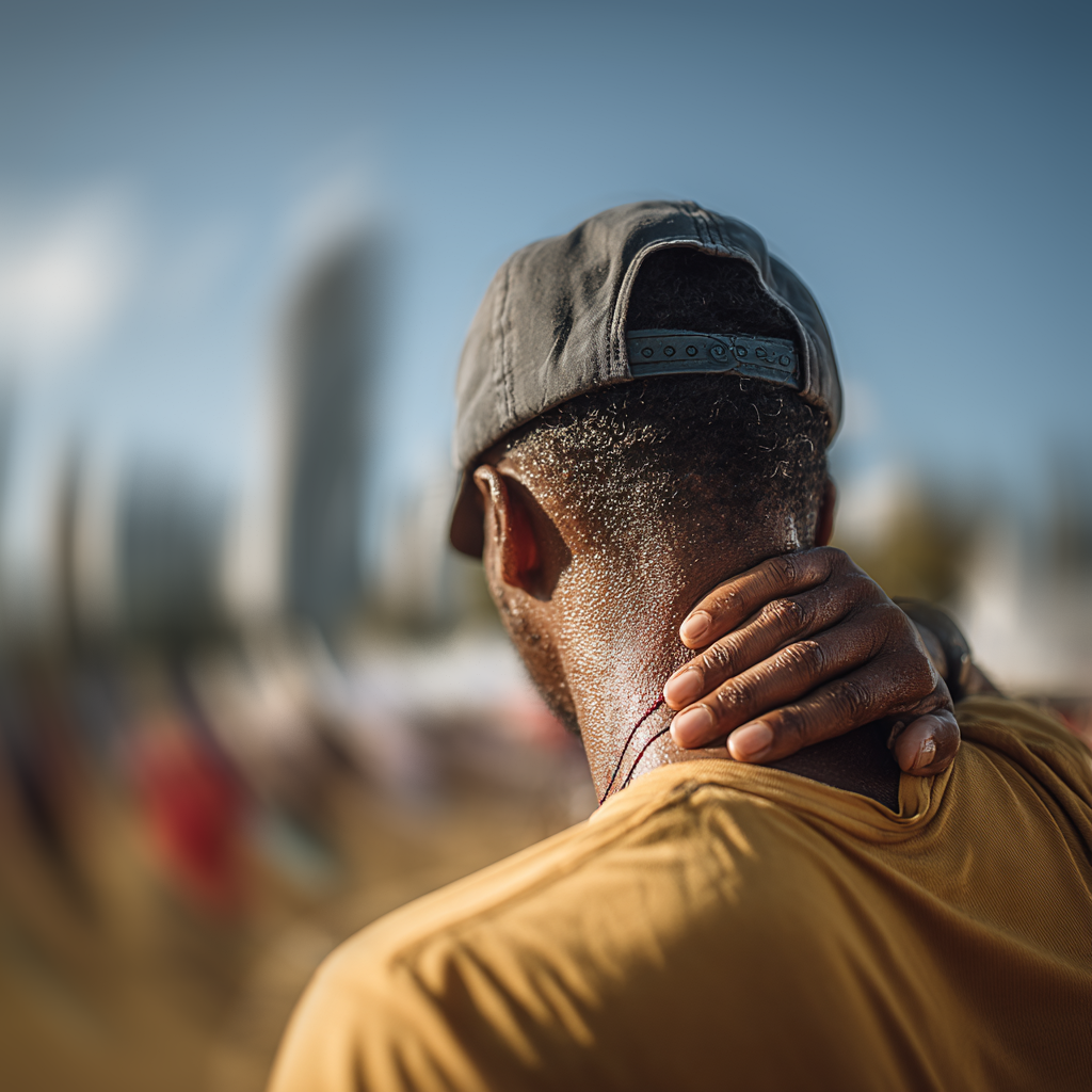 Man facing away holding his neck in pain.