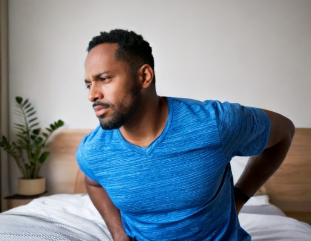 Man in blue t-shirt holding lower back.