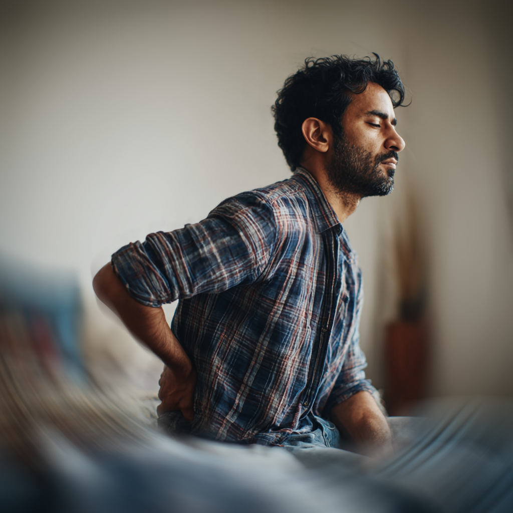 Man sat on bed with back pain.