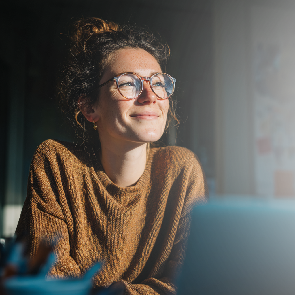 Woman in glasses smiling with laptop.