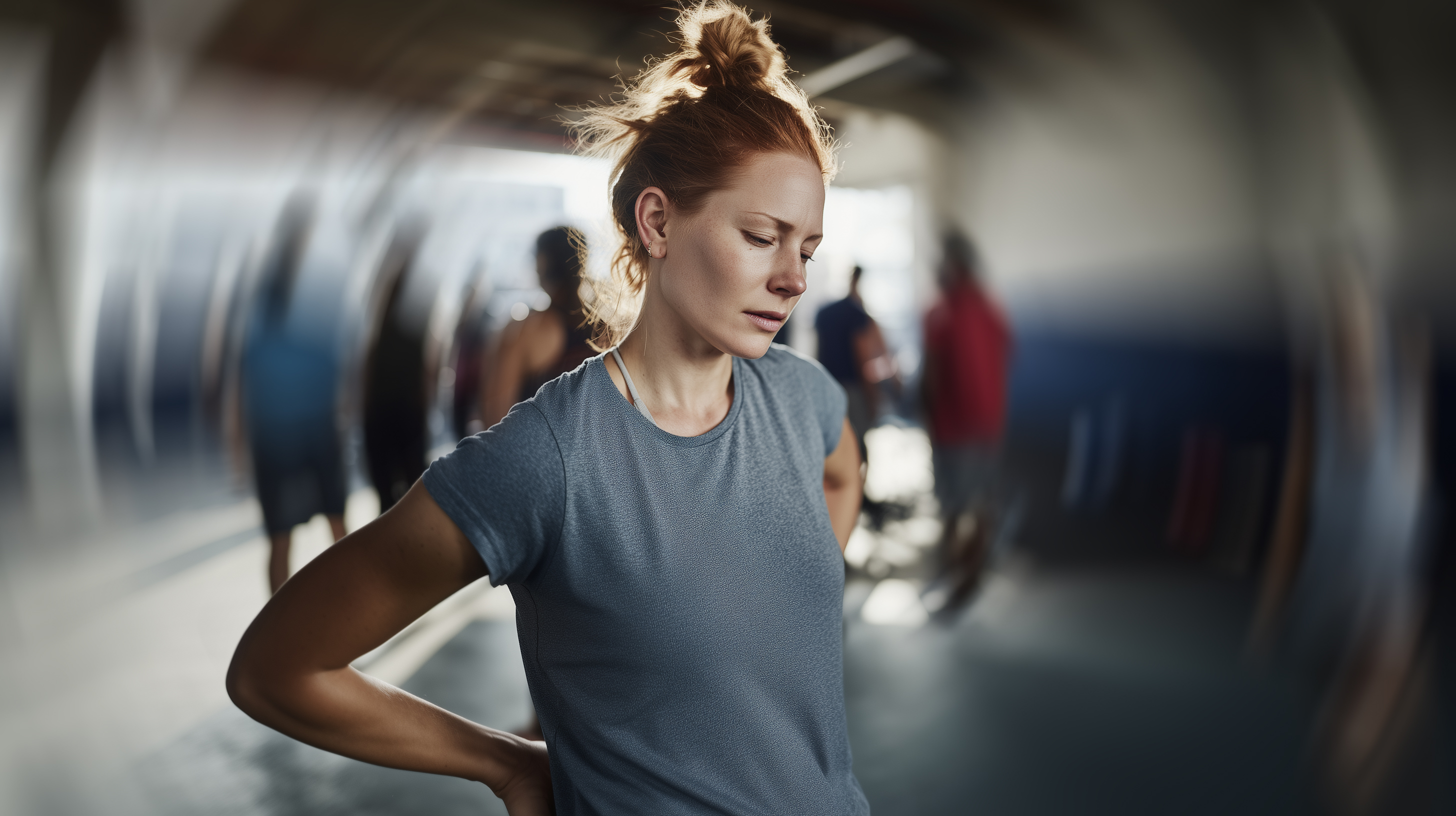 A woman holding her lower back in pain.